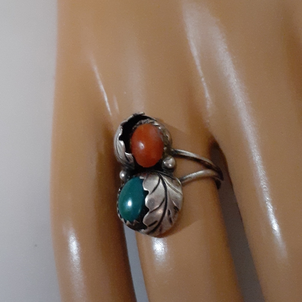 SOLD VTG 🧡 REAL Coral & Malachite Sterling Ring - Picture 11 of 11